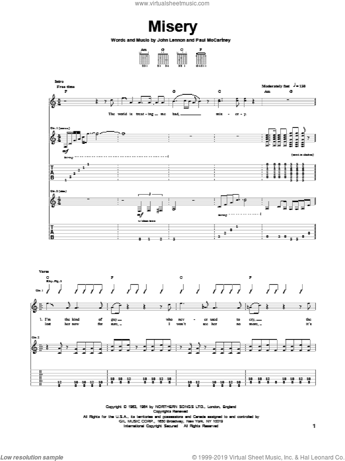 Misery sheet music for guitar (tablature) by The Beatles, John Lennon and Paul McCartney, intermediate skill level