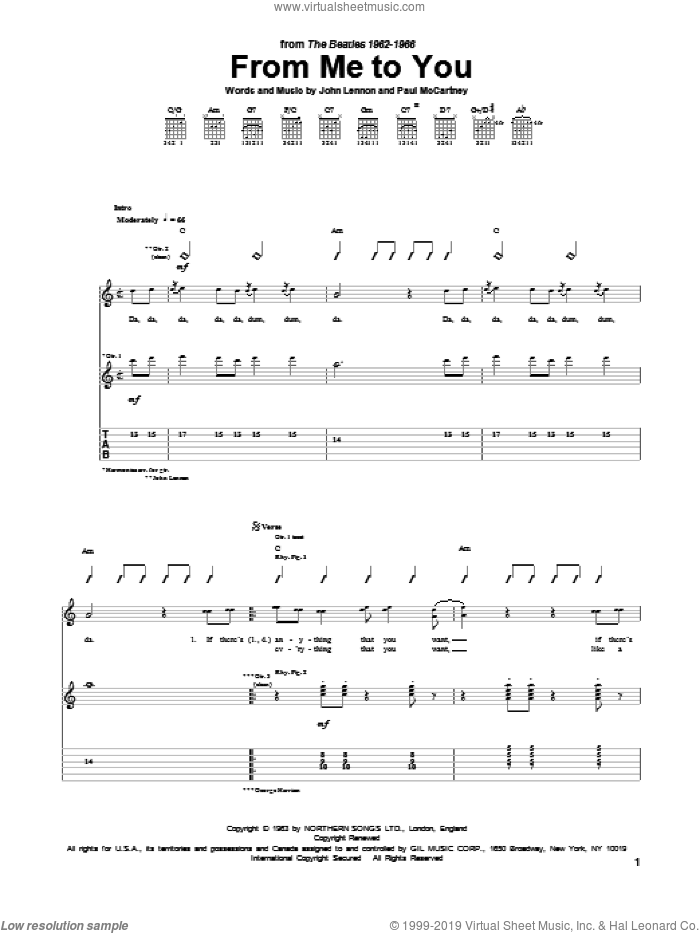 From Me To You sheet music for guitar (tablature) by The Beatles, John Lennon and Paul McCartney, intermediate skill level