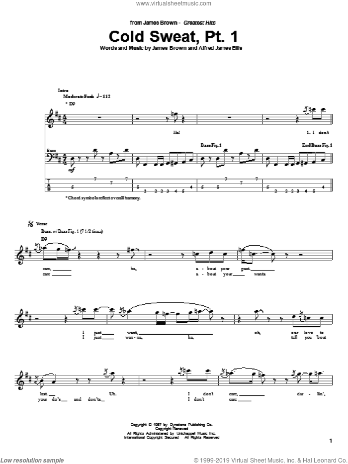 Cold Sweat, Pt. 1 sheet music for bass (tablature) (bass guitar) by James Brown and Alfred James Ellis, intermediate skill level