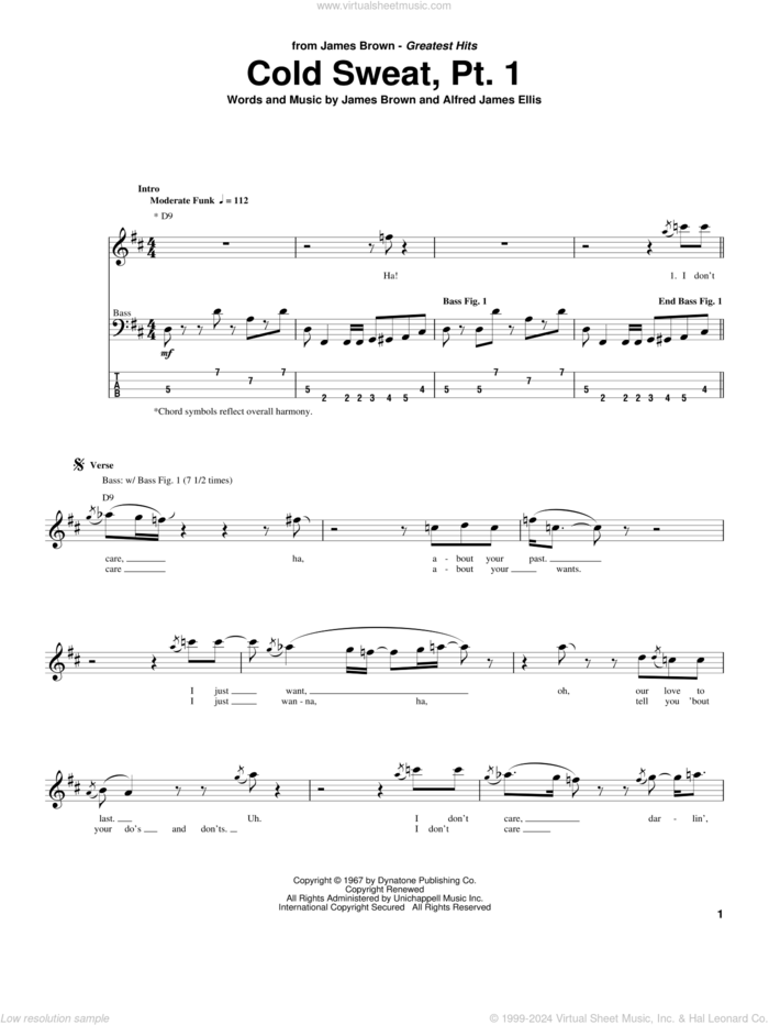 Cold Sweat, Pt. 1 sheet music for bass (tablature) (bass guitar) by James Brown and Alfred James Ellis, intermediate skill level