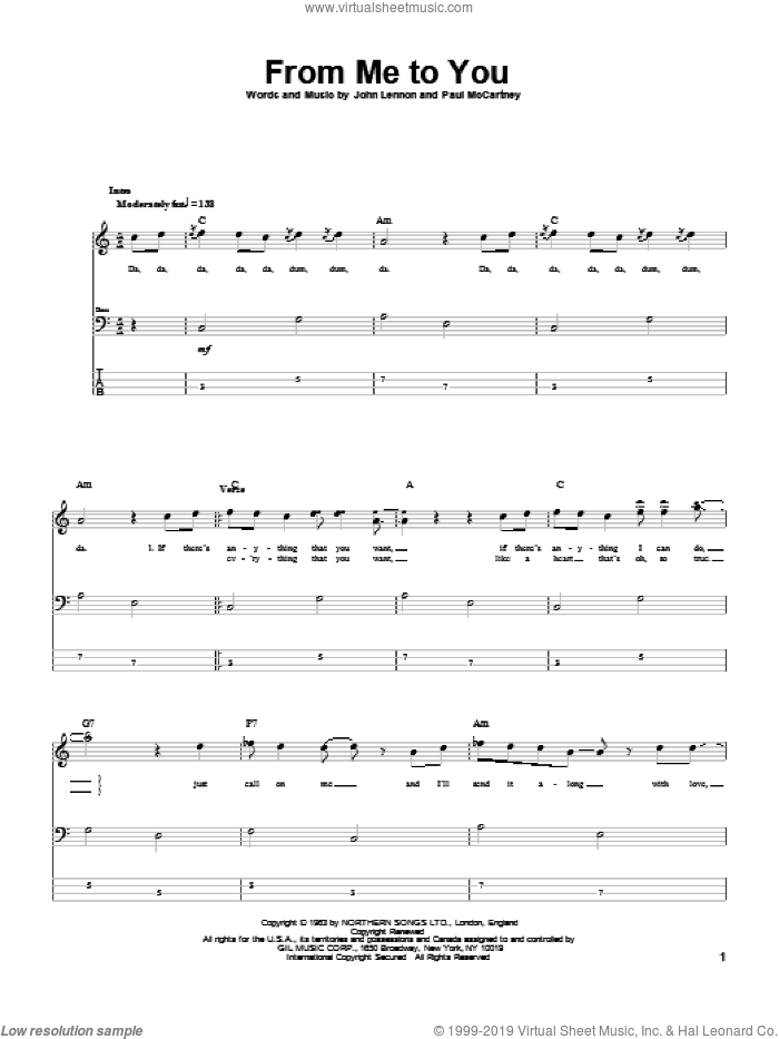 From Me To You sheet music for bass (tablature) (bass guitar) by The Beatles, John Lennon and Paul McCartney, intermediate skill level