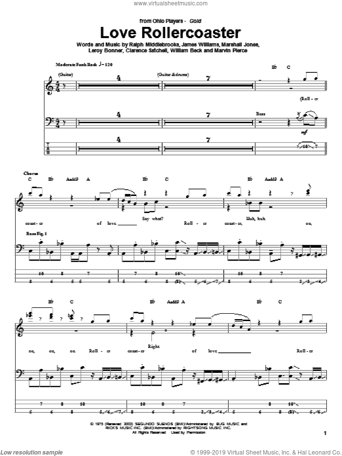 Love Rollercoaster sheet music for bass (tablature) (bass guitar) by Ohio Players, Red Hot Chili Peppers, Clarence Satchell, James L. Williams, Leroy Bonner, Marshall Jones, Marvin R. Pierce, Ralph Middlebrooks and Willie Beck, intermediate skill level