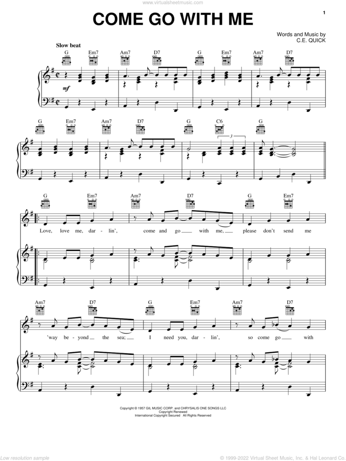 Come Go With Me sheet music for voice, piano or guitar by Dell-Vikings and C.E. Quick, intermediate skill level
