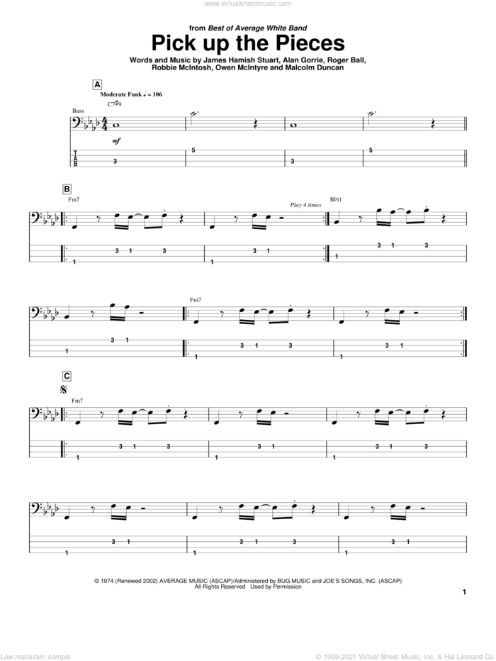 Pick Up The Pieces sheet music for bass (tablature) (bass guitar) by Average White Band, Alan Gorrie, James Hamish Stuart, Malcolm Duncan, Owen McIntyre, Robbie McIntosh and Roger Ball, intermediate skill level
