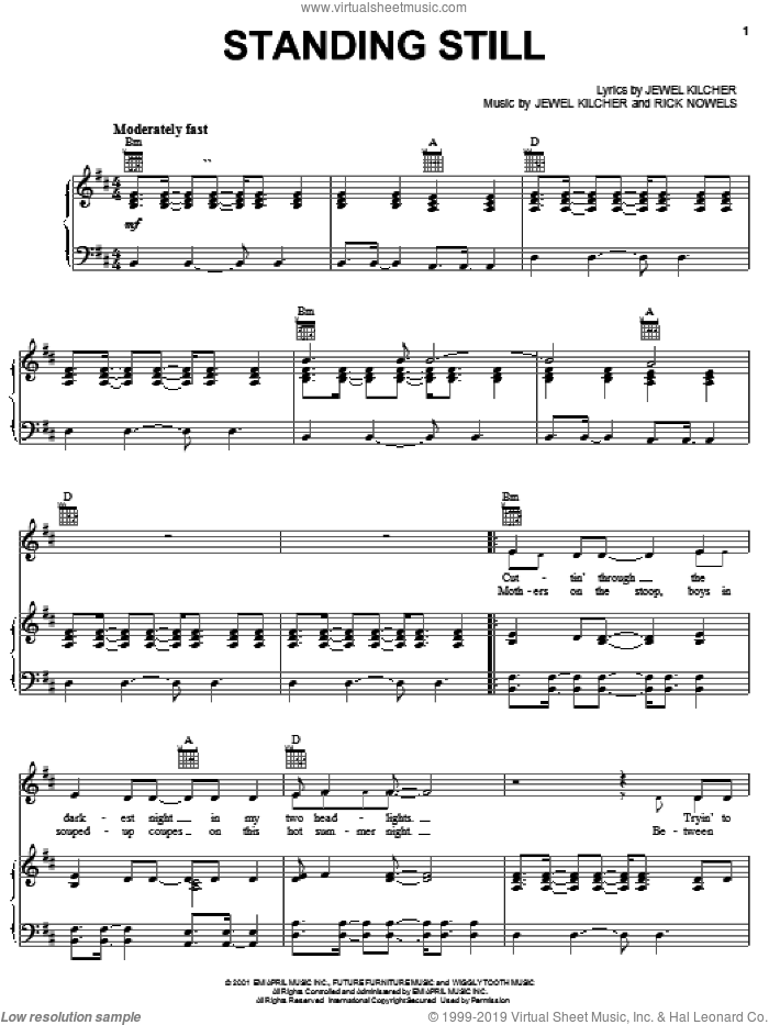 Standing Still sheet music for voice, piano or guitar by Jewel, Jewel Kilcher and Rick Nowels, intermediate skill level