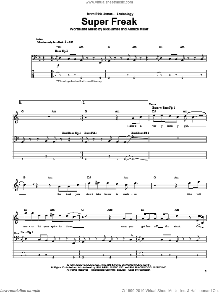 Super Freak sheet music for bass (tablature) (bass guitar) by Rick James and Alonzo Miller, intermediate skill level