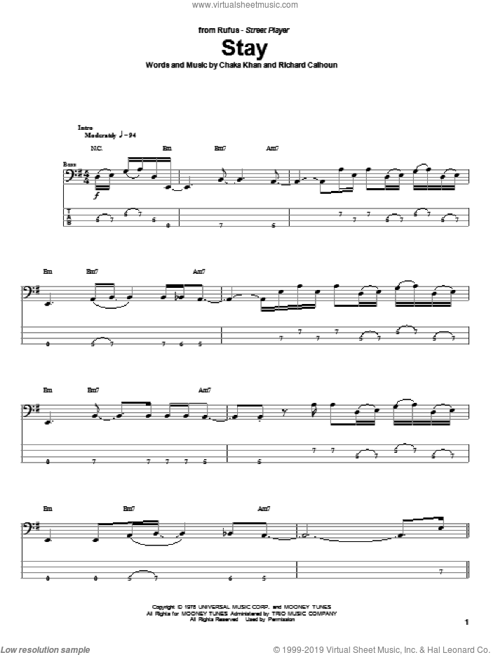 Stay sheet music for bass (tablature) (bass guitar) by Rufus, Chaka Khan and Richard Moon Calhoun, intermediate skill level