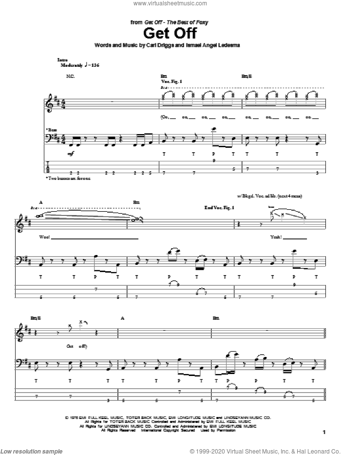 Get Off sheet music for bass (tablature) (bass guitar) by Foxy, Carl Driggs and Ismael Angel Ledesma, intermediate skill level