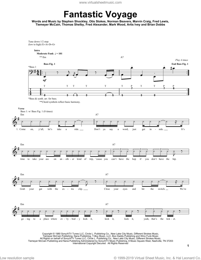 Fantastic Voyage sheet music for bass (tablature) (bass guitar) by Coolio, Artis Ivey, Brian Dobbs, Fred Alexander, Fred Lewis, Mark Wood, Marvin Craig, Norman Beavers, Otis Stokes, Stephen Shockley, Thomas Shelby and Tiemeyer McCain, intermediate skill level