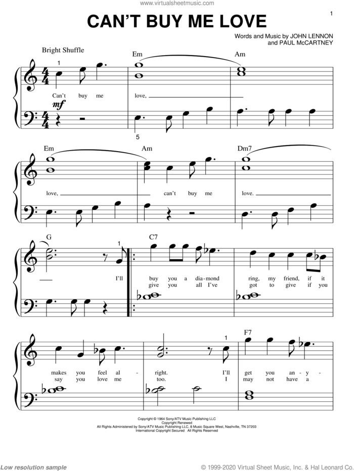 Can't Buy Me Love sheet music for piano solo (big note book) by The Beatles, John Lennon and Paul McCartney, easy piano (big note book)