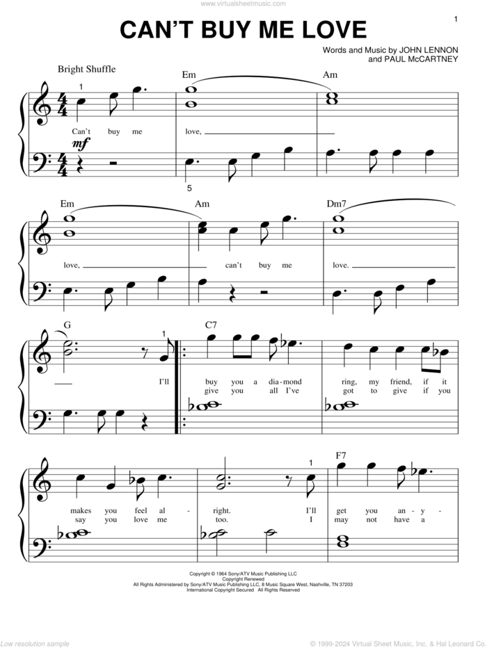 Can't Buy Me Love sheet music for piano solo (big note book) by The Beatles, John Lennon and Paul McCartney, easy piano (big note book)