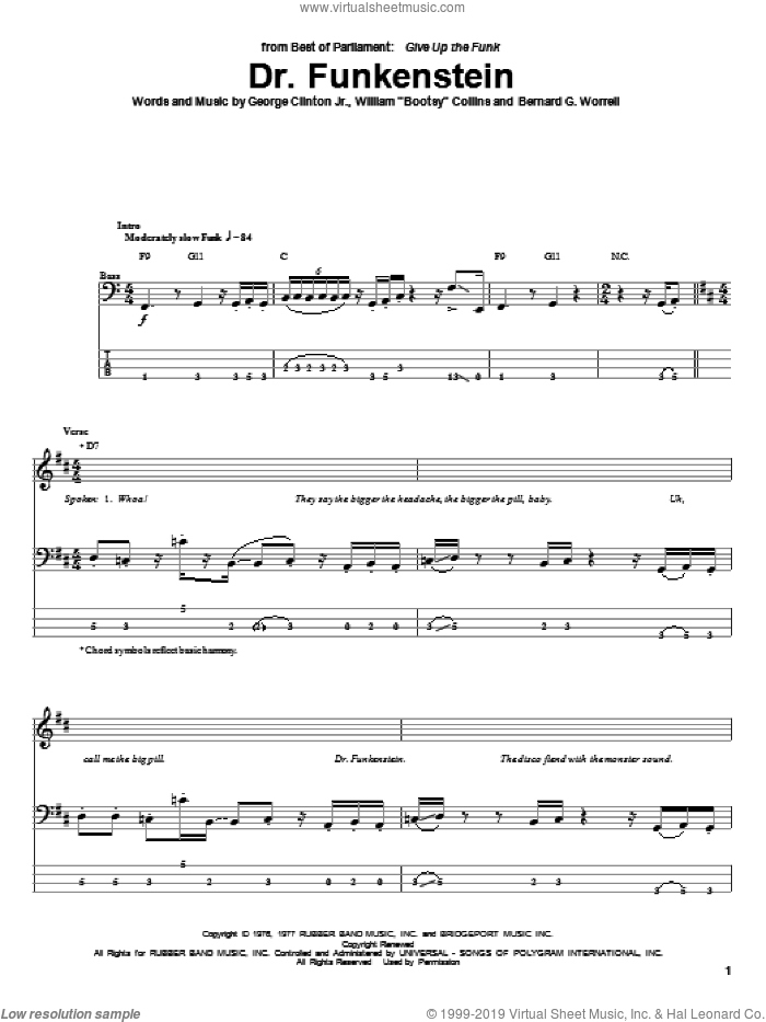 Dr. Funkenstein sheet music for bass (tablature) (bass guitar) by Parliament, Red Hot Chili Peppers, Bernard G. Worrell, George Clinton Jr. and William Collins, intermediate skill level
