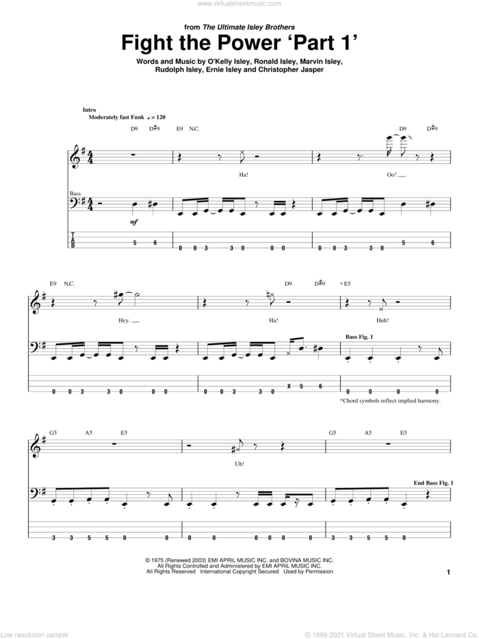 Fight The Power 'Part 1' sheet music for bass (tablature) (bass guitar) by The Isley Brothers, Christopher Jasper, Ernie Isley, Marvin Isley, O Kelly Isley, Ronald Isley and Rudolph Isley, intermediate skill level