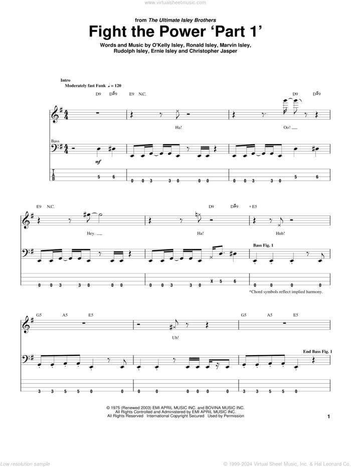 Fight The Power 'Part 1' sheet music for bass (tablature) (bass guitar) by The Isley Brothers, Christopher Jasper, Ernie Isley, Marvin Isley, O Kelly Isley, Ronald Isley and Rudolph Isley, intermediate skill level