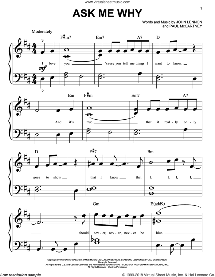 Ask Me Why sheet music for piano solo (big note book) by The Beatles, John Lennon and Paul McCartney, easy piano (big note book)