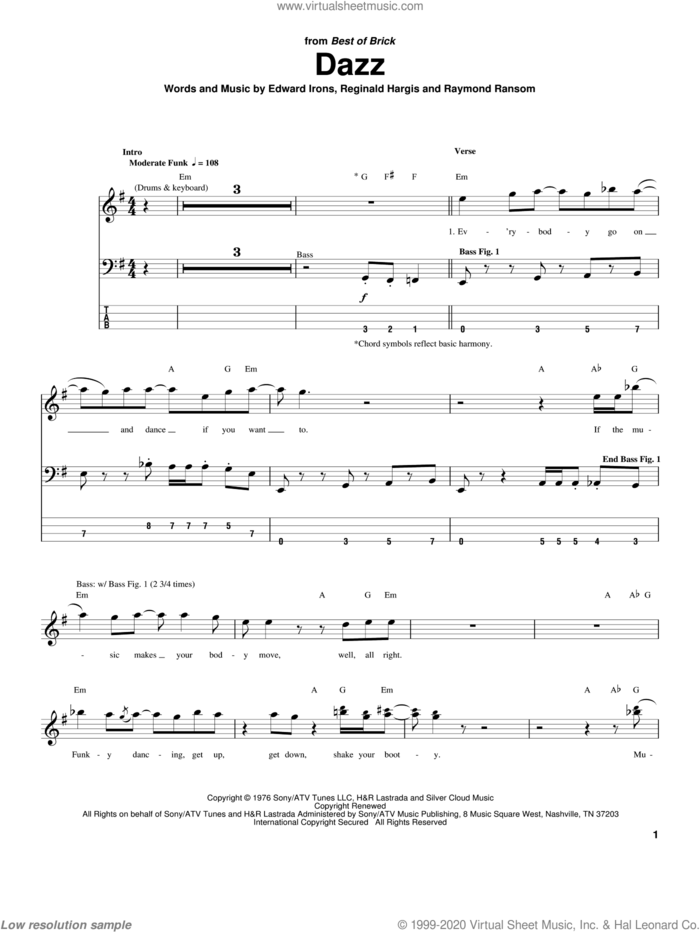 Dazz sheet music for bass (tablature) (bass guitar) by Brick, Edward Irons, Raymond Ransom and Reginald Hargis, intermediate skill level