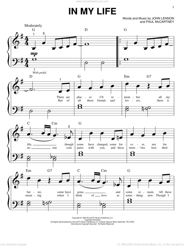 In My Life sheet music for piano solo (big note book) by The Beatles, John Lennon and Paul McCartney, wedding score, easy piano (big note book)