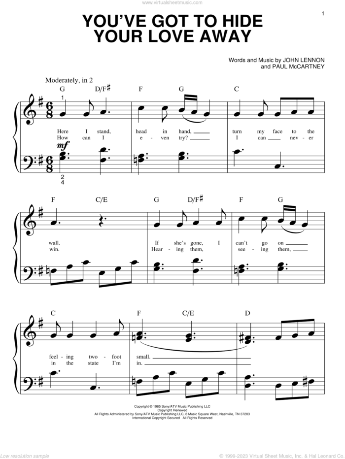 You've Got To Hide Your Love Away sheet music for piano solo (big note book) by The Beatles, John Lennon and Paul McCartney, easy piano (big note book)