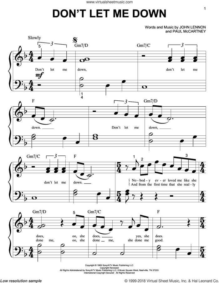 Don't Let Me Down sheet music for piano solo (big note book) by The Beatles, John Lennon and Paul McCartney, easy piano (big note book)