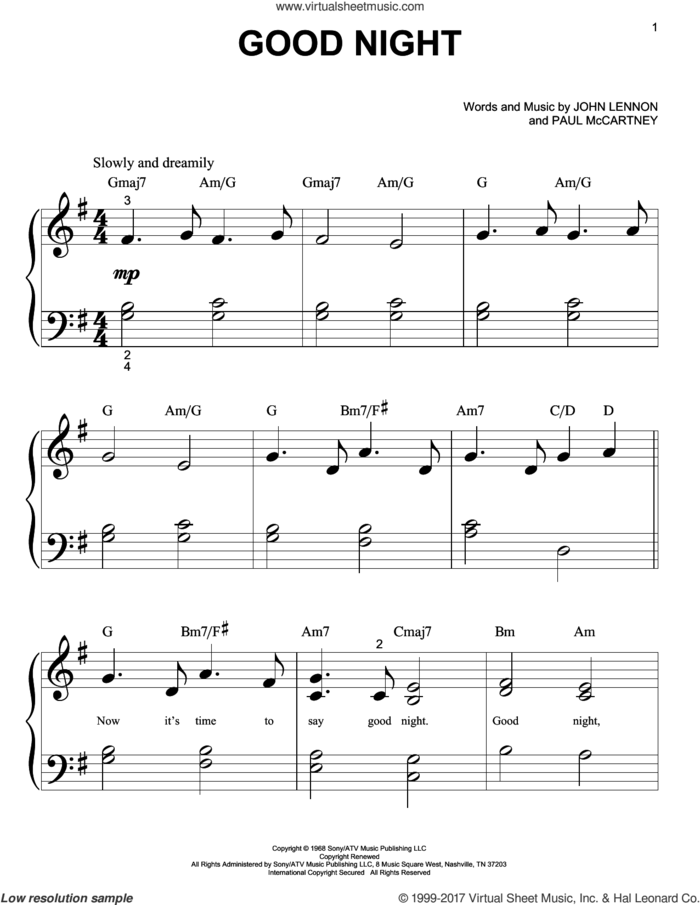 Good Night sheet music for piano solo (big note book) by The Beatles, John Lennon and Paul McCartney, easy piano (big note book)