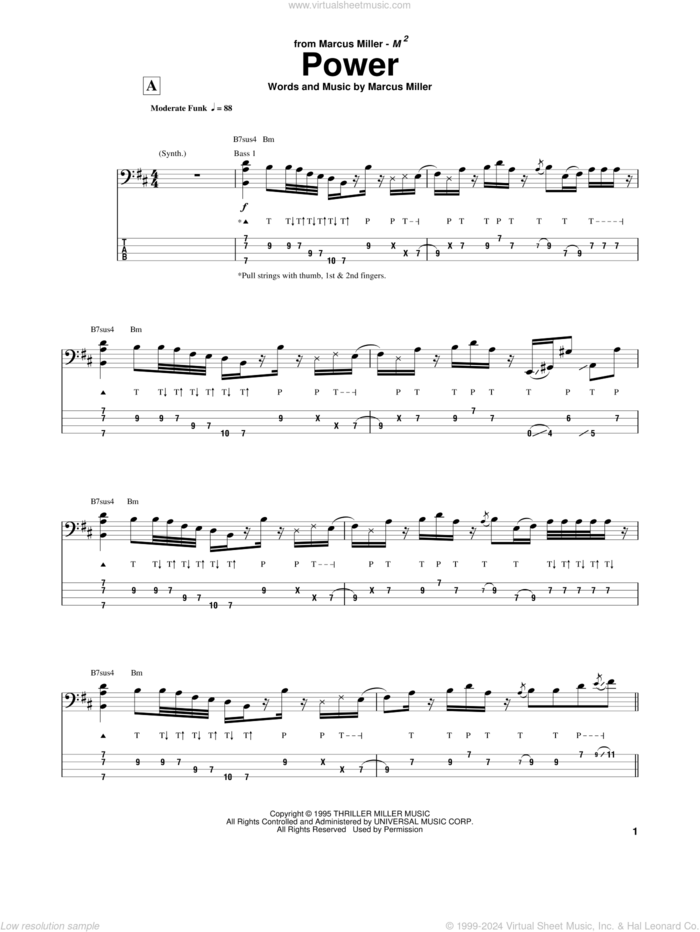 Power sheet music for bass (tablature) (bass guitar) by Marcus Miller, intermediate skill level