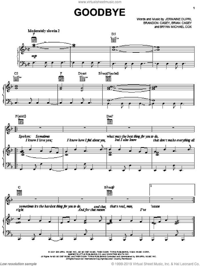 Goodbye sheet music for voice, piano or guitar by Jagged Edge, Brandon Casey, Brian Casey and Bryan Michael Cox, intermediate skill level