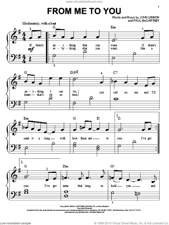 From Me To You sheet music for piano solo (big note book) by The Beatles, John Lennon and Paul McCartney, easy piano (big note book)