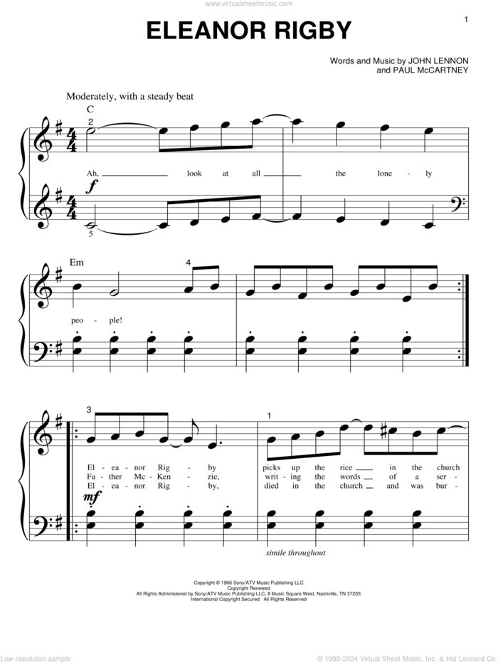 Eleanor Rigby sheet music for piano solo (big note book) by The Beatles, John Lennon and Paul McCartney, easy piano (big note book)