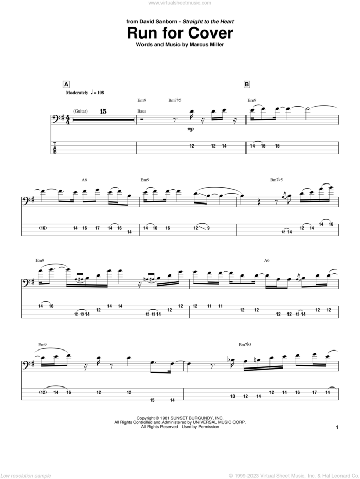 Run For Cover sheet music for bass (tablature) (bass guitar) by Marcus Miller, intermediate skill level