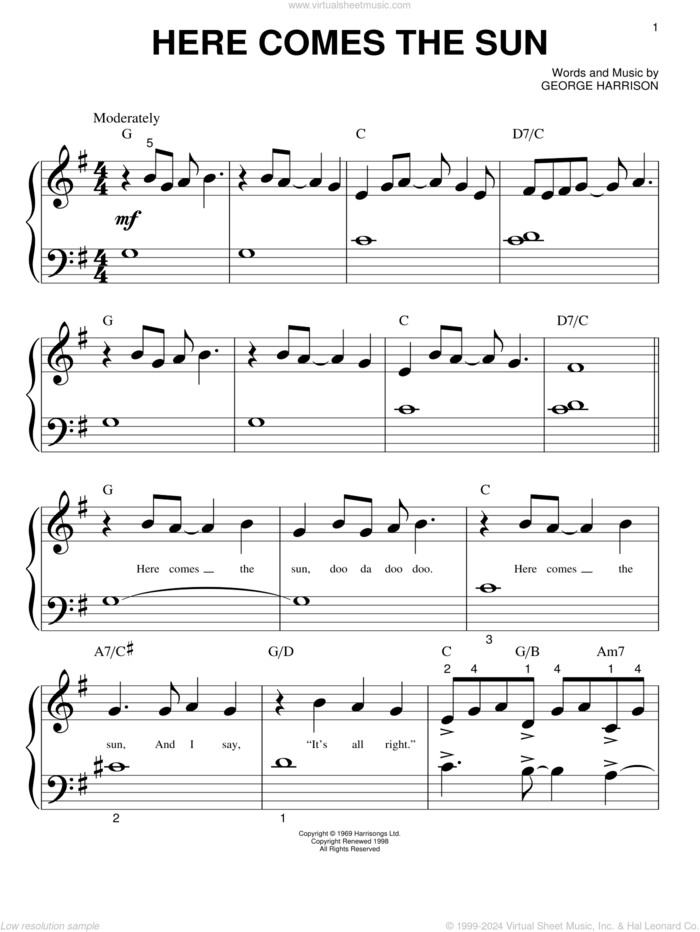 Here Comes The Sun sheet music for piano solo (big note book) by The Beatles and George Harrison, easy piano (big note book)