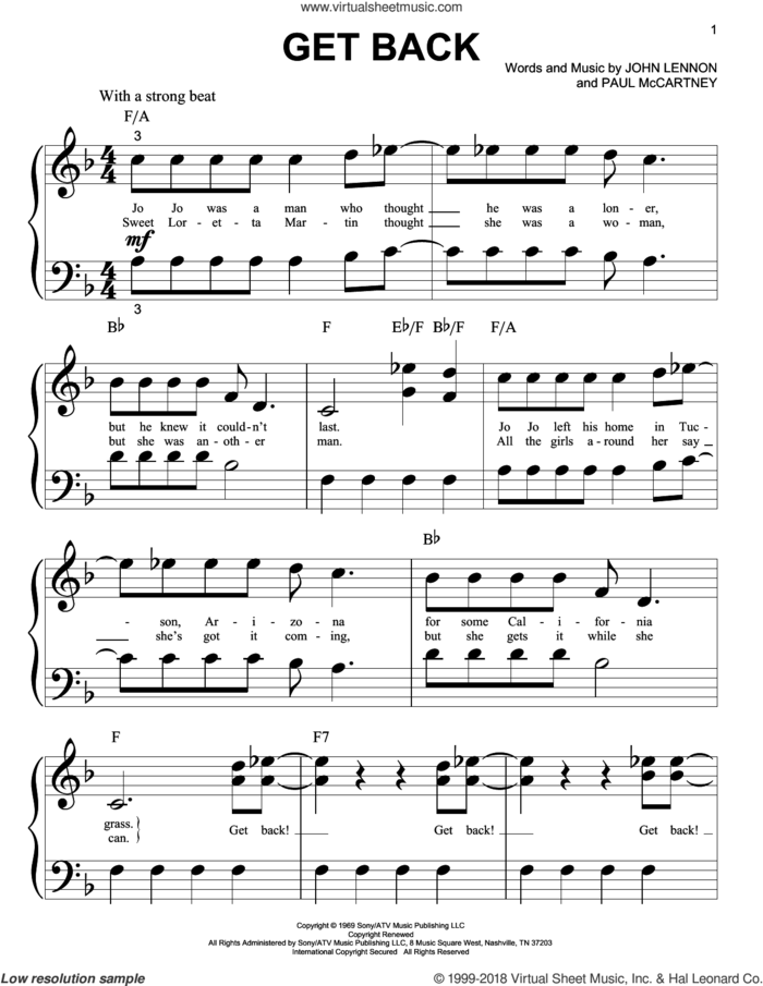 Get Back sheet music for piano solo (big note book) by The Beatles, John Lennon and Paul McCartney, easy piano (big note book)