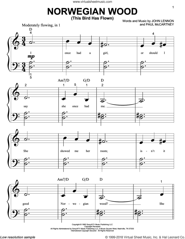 Norwegian Wood (This Bird Has Flown) sheet music for piano solo (big note book) by The Beatles, John Lennon and Paul McCartney, easy piano (big note book)