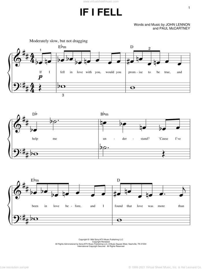 If I Fell sheet music for piano solo (big note book) by The Beatles, John Lennon and Paul McCartney, easy piano (big note book)