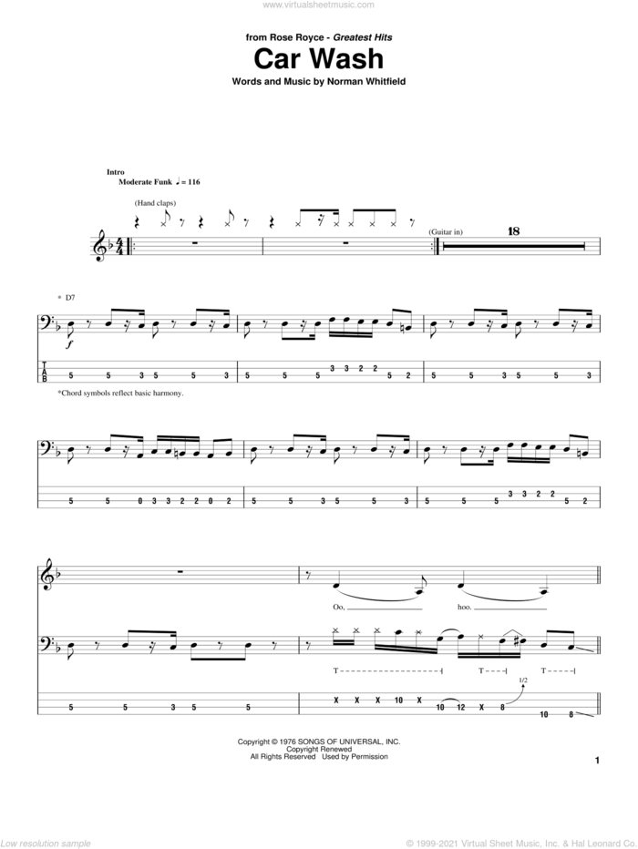Car Wash sheet music for bass (tablature) (bass guitar) by Rose Royce and Norman Whitfield, intermediate skill level