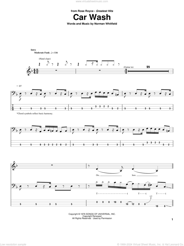 Car Wash sheet music for bass (tablature) (bass guitar) by Rose Royce and Norman Whitfield, intermediate skill level