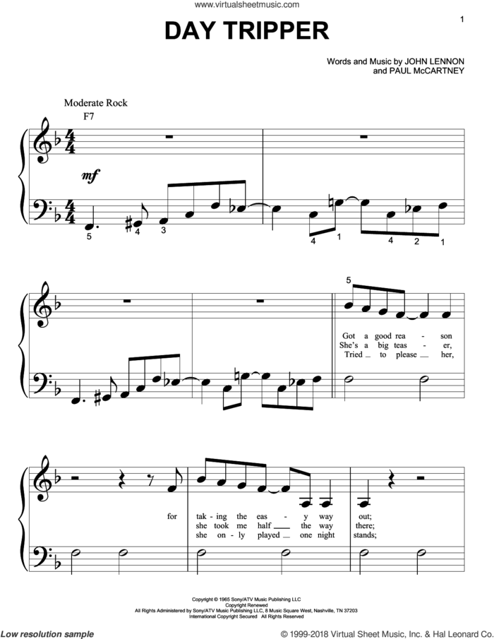 Day Tripper sheet music for piano solo (big note book) by The Beatles, John Lennon and Paul McCartney, easy piano (big note book)