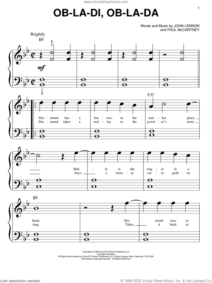 Ob-La-Di, Ob-La-Da sheet music for piano solo (big note book) by The Beatles, John Lennon and Paul McCartney, easy piano (big note book)