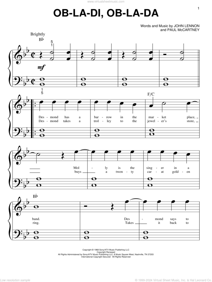 Ob-La-Di, Ob-La-Da sheet music for piano solo (big note book) by The Beatles, John Lennon and Paul McCartney, easy piano (big note book)