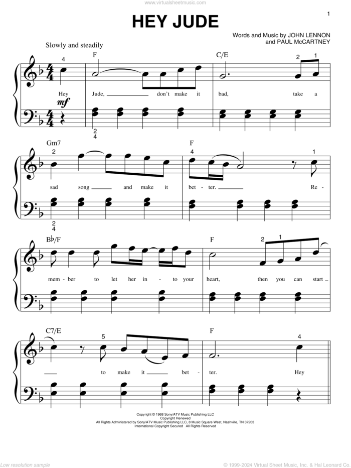 Hey Jude sheet music for piano solo (big note book) by The Beatles, John Lennon and Paul McCartney, easy piano (big note book)