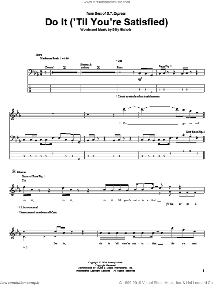 Do It ('Til You're Satisfied) sheet music for bass (tablature) (bass guitar) by B.T. Express and Billy Nicholls, intermediate skill level