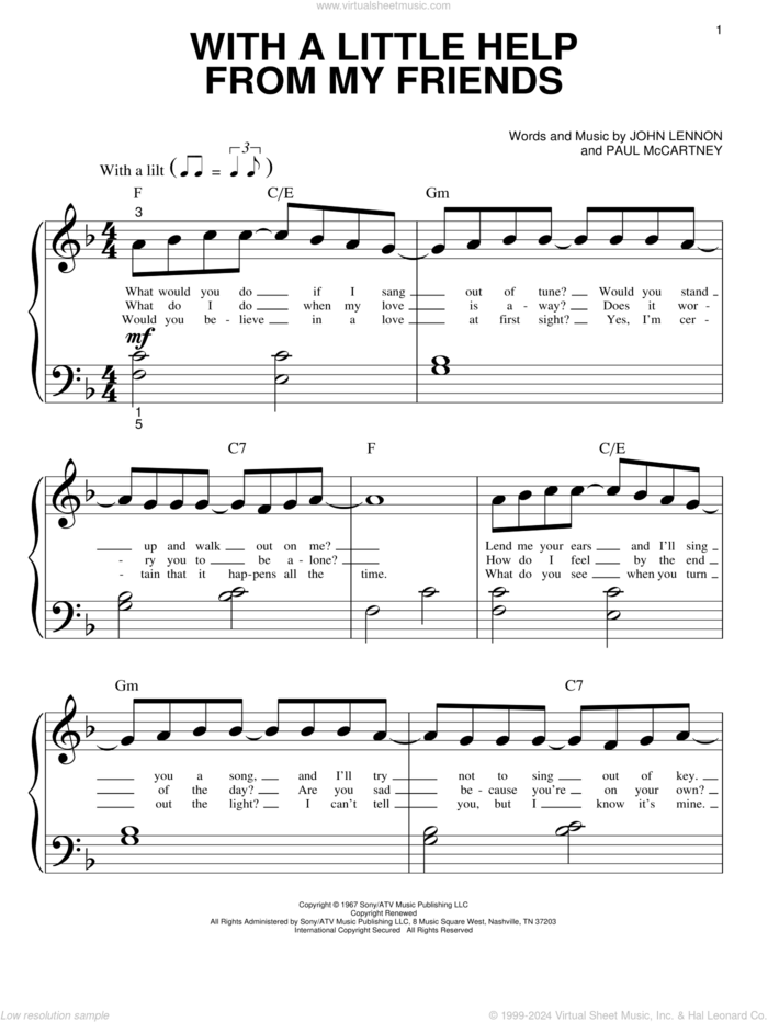 With A Little Help From My Friends sheet music for piano solo (big note book) by The Beatles, John Lennon and Paul McCartney, easy piano (big note book)