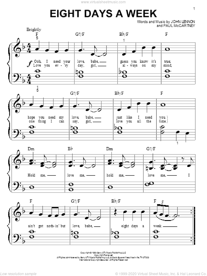 Eight Days A Week sheet music for piano solo (big note book) by The Beatles, John Lennon and Paul McCartney, easy piano (big note book)
