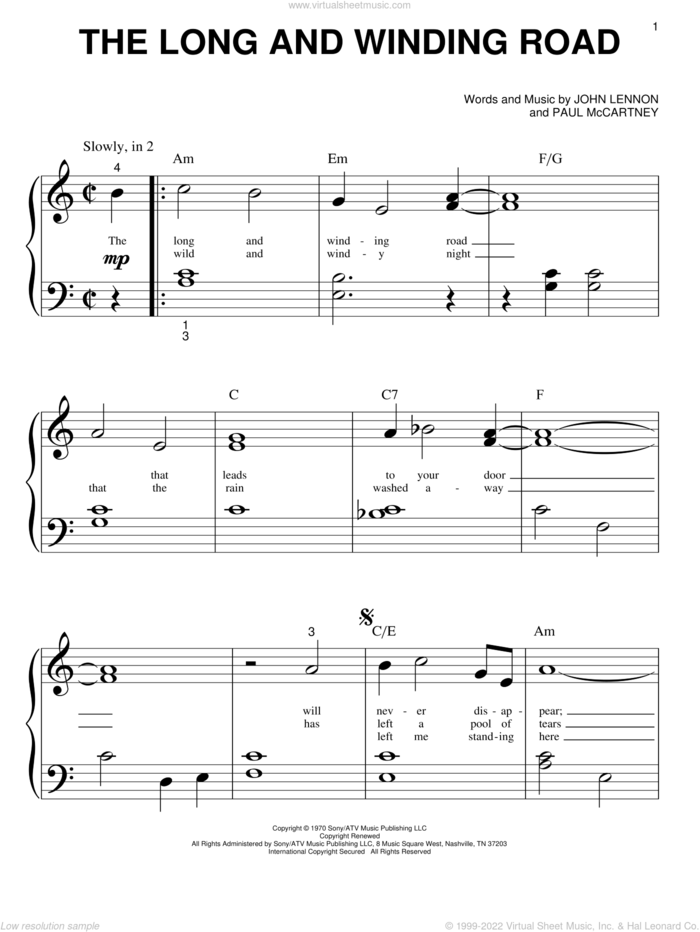 The Long And Winding Road sheet music for piano solo (big note book) by The Beatles, John Lennon and Paul McCartney, easy piano (big note book)
