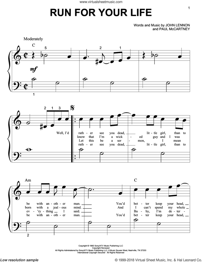 Run For Your Life sheet music for piano solo (big note book) by The Beatles, John Lennon and Paul McCartney, easy piano (big note book)