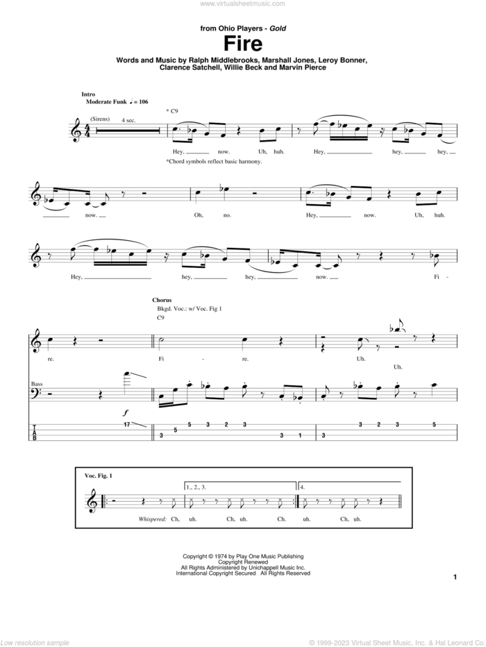 Fire sheet music for bass (tablature) (bass guitar) by Ohio Players, Clarence Satchell, Leroy Bonner, Marshall Jones, Marvin Pierce, Ralph Middlebrooks and Willie Beck, intermediate skill level