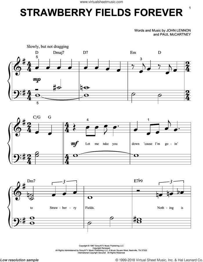 Strawberry Fields Forever sheet music for piano solo (big note book) by The Beatles, John Lennon and Paul McCartney, easy piano (big note book)