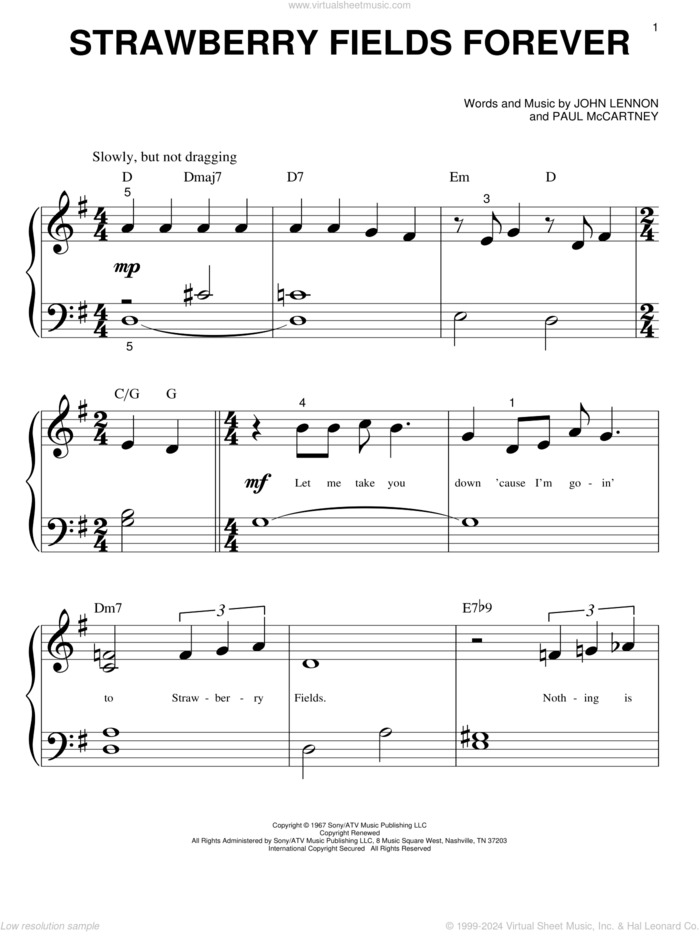 Strawberry Fields Forever sheet music for piano solo (big note book) by The Beatles, John Lennon and Paul McCartney, easy piano (big note book)