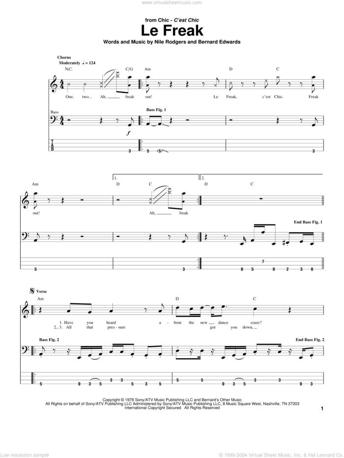 Le Freak sheet music for bass (tablature) (bass guitar) by Chic, Bernard Edwards and Nile Rodgers, intermediate skill level