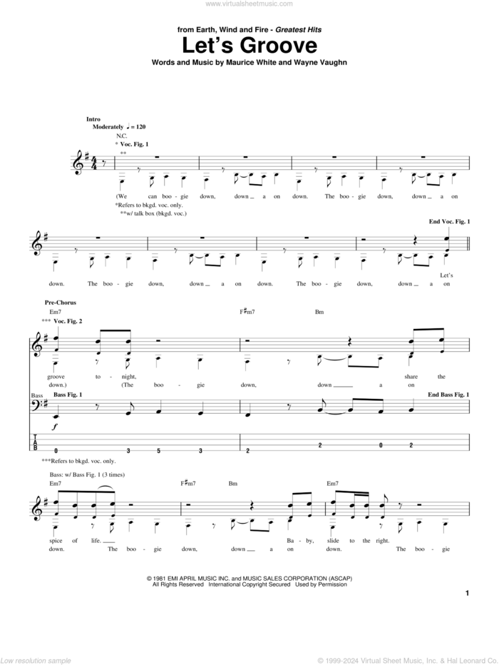 Let's Groove sheet music for bass (tablature) (bass guitar) by Earth, Wind & Fire, Maurice White and Wayne Vaughn, intermediate skill level