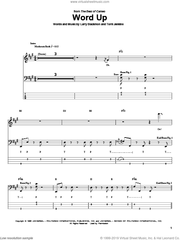 Word Up sheet music for bass (tablature) (bass guitar) by Cameo, Larry Blackmon and Tomi Jenkins, intermediate skill level
